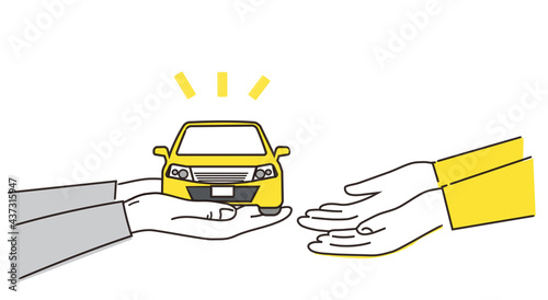車を子供へ手渡すイラストイメージ、ベクター