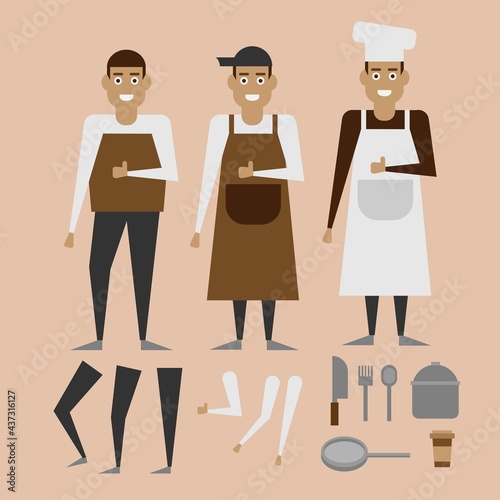 animation arroamerican character bundle chief barista and cook set for restaurant business