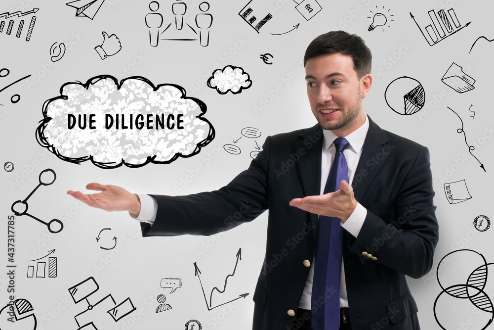 Business, technology, internet and network concept. Young businessman thinks over the steps for successful growth: Due diligence Business, technology, internet and network concept. Young businessman thinks over the steps for successful growth: Due diligence