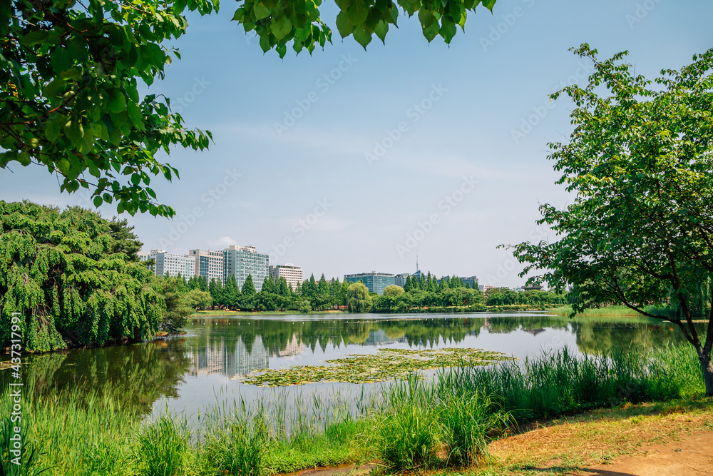 Ilsan Lake Park and modern buildings in Goyang, Korea