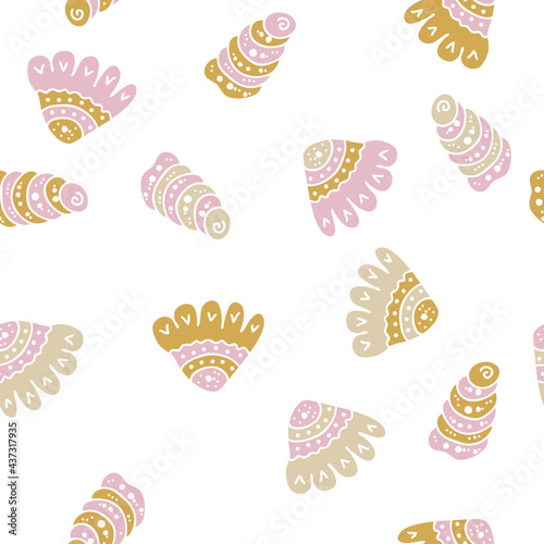 Doodles seamless pattern of seashells on a white background. Hand drawn vector illustration. Perfect for scrapbooking, textile and prints. © Anna