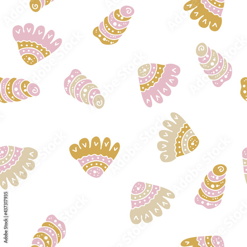 Doodles seamless pattern of seashells on a white background. Hand drawn vector illustration. Perfect for scrapbooking, textile and prints. 