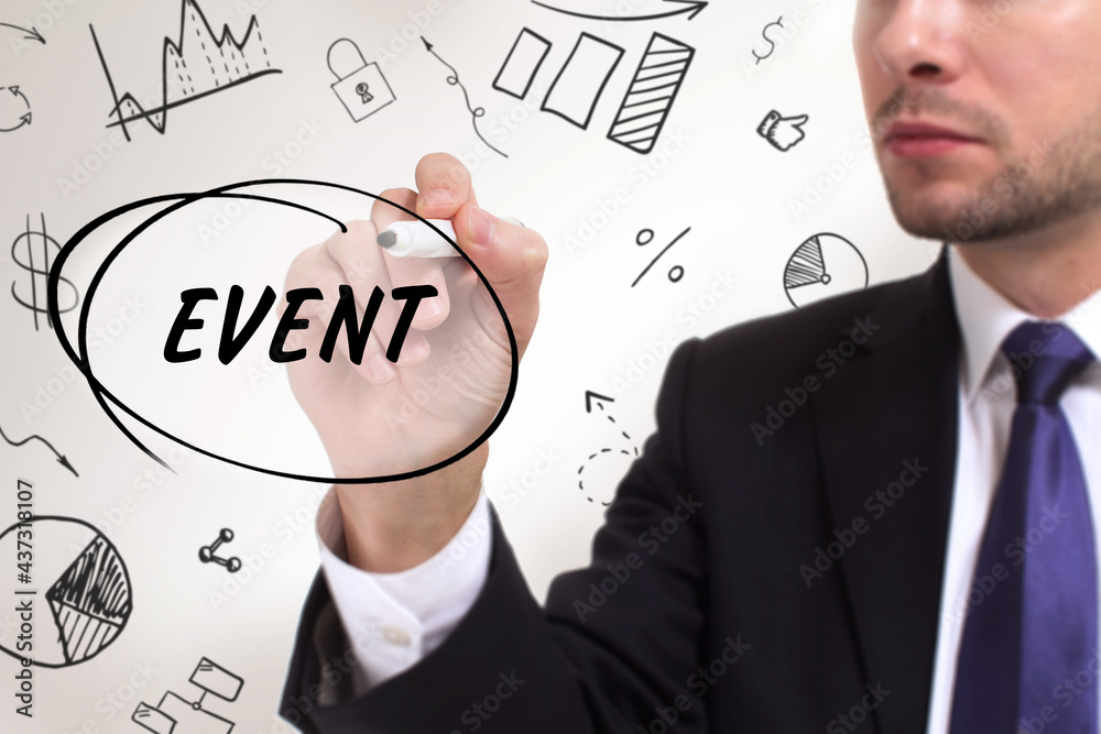 Business, technology, internet and network concept. Young businessman thinks over the steps for successful growth: Event Business, technology, internet and network concept. Young businessman thinks over the steps for successful growth: Event