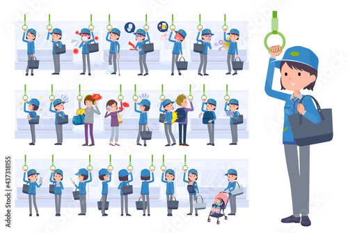 電車に乗る配送員女性のセット