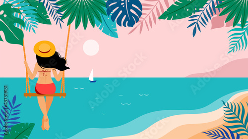 Summer scene, young woman sitting on swing on the beach, looking at the sea. Hello summer background and banner