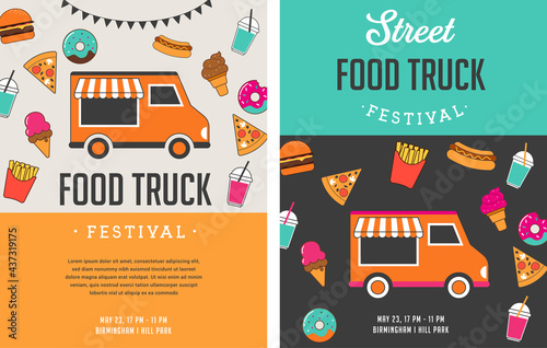Food truck fair, Night market, Summer fest, food and music street fair, family festival poster and banner