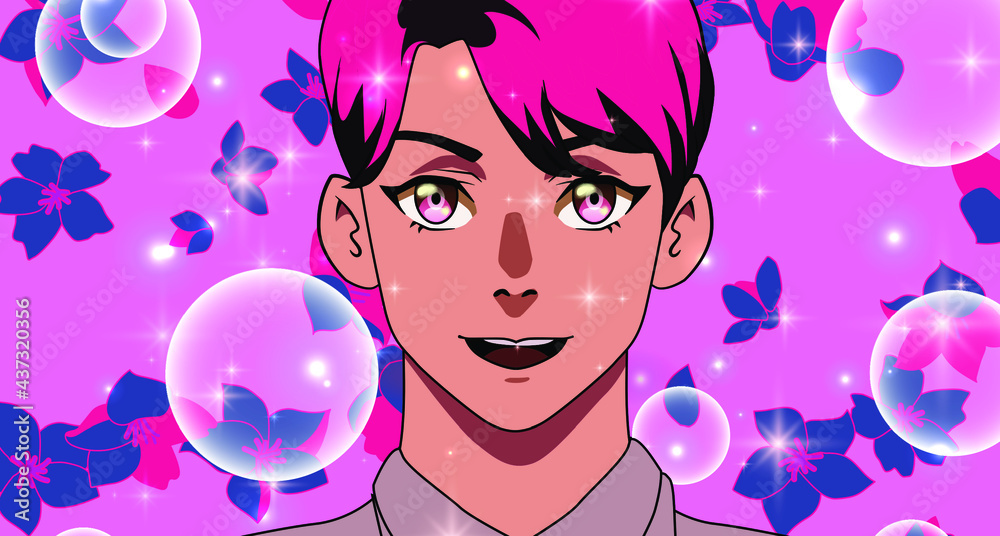 Pink-haired young man in anime cartoon style. The petals of flowers is falling in front of him. Vector illustration in neon vivid colors.