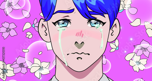 Crying blue-haired young man in anime style. A scene with falling sakura flowers and a male character.
