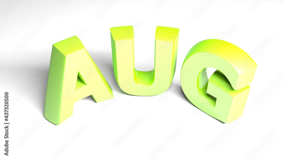 AUG for august green write isolated on white background - 3D rendering illustration AUG for august green write isolated on white background - 3D rendering illustration