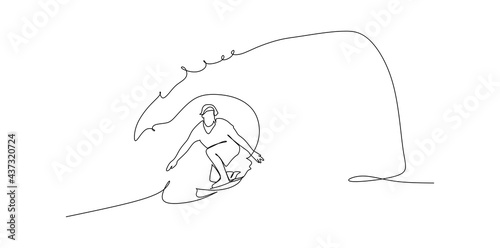 Surfer surfing hollow wave tube ride closeup up water - continuous one line drawing