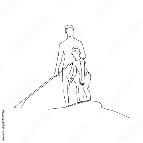 Mother and his adorable little son paddling on stand up board having fun during summer beach vacation  - continuous one line drawing