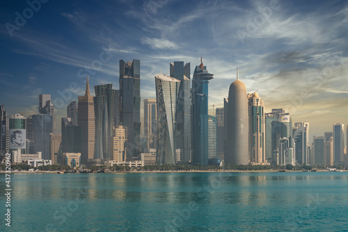 DOHA, QATAR - FEBRUARY 11, 2018: The skyline of the modern and high-rising city of Doha, Qatar, Middle East