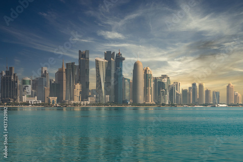 DOHA, QATAR - FEBRUARY 11, 2018: The skyline of the modern and high-rising city of Doha, Qatar, Middle East © matpit73