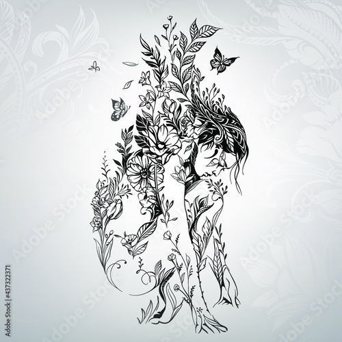 Girl woven from flowers and plants