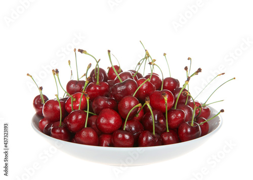 Close up of one porcelain bowl filled with fresh organic Bing Cherries with stems isolated on a white background.