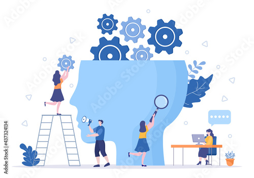 Setting Vector Illustration To Teamwork On Finding New Ideas, Launch A Mechanism, Search For Solutions Concept Design