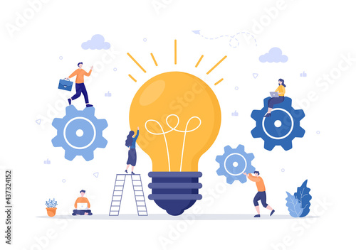 Setting Vector Illustration To Teamwork On Finding New Ideas, Launch A Mechanism, Search For Solutions Concept Design