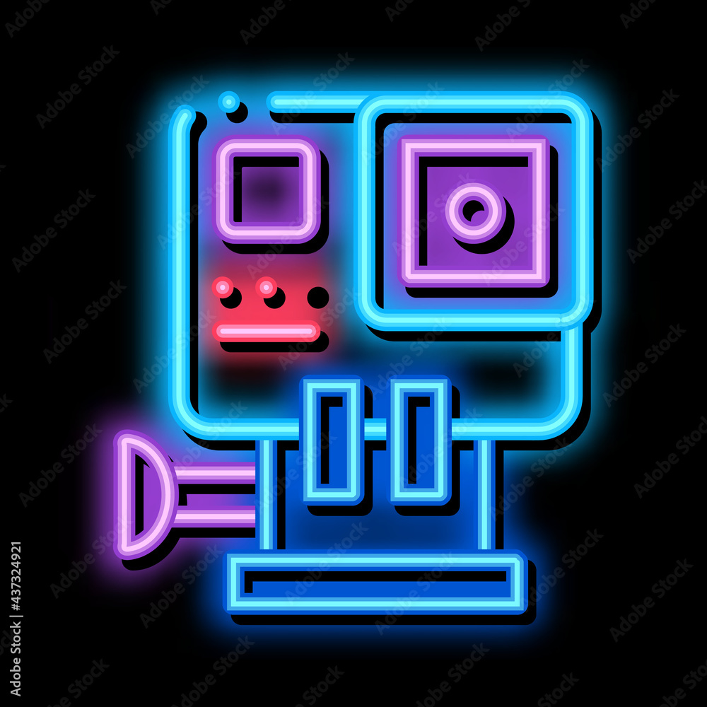 Action Camera neon light sign vector. Glowing bright icon Action Camera sign. transparent symbol illustration