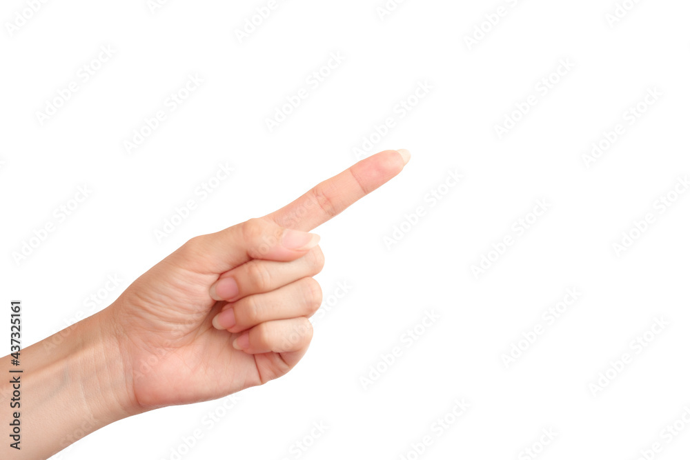 Woman's hand pointing isolate on a white background. Clipping path.