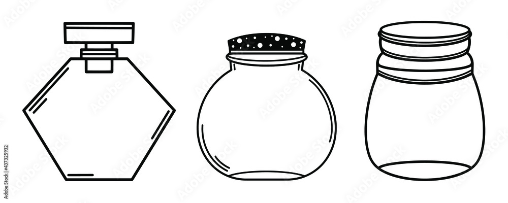 Set jars with lids. Isolated vector bottles on a white background. Empty glass vials. Hand drawn doodle, outline of a flask Set jars with lids. Isolated vector bottles on a white background. Empty glass vials. Hand drawn doodle, outline of a flask