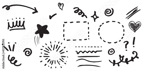 hand drawn set of curly swishes, swashes, swoops. Abstract arrows,  Arrow, heart, love, star, leaf, sun, light, crown, king, queen, on doodle style for concept design. vector illustration.