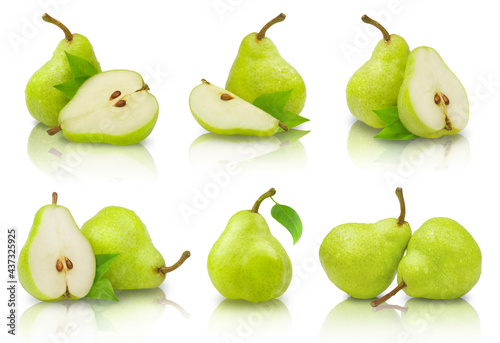 Set of green ripe pears isolated on a white background. Fresh fruits.