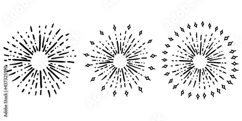 Starburst  sunburst  hand drawn. Design Element Fireworks Black Rays. Comic explosion effect. Radiating  radial lines.