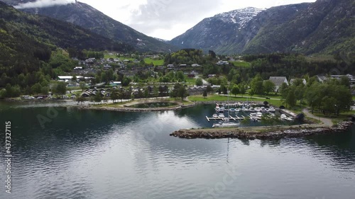 Wallpaper Mural Beautiful seaside aerial of Kinsarvik town-centre with marina, beach, river, camping and mountains - Hardanger Norway Torontodigital.ca