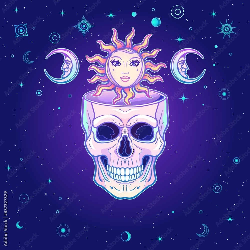 Mystical drawing: sun and moon inside the human skull. Stars, space symbols. Alchemy, magic, esoteric, occultism. Background - night star sky. Color vector illustration. Mystical drawing: sun and moon inside the human skull. Stars, space symbols. Alchemy, magic, esoteric, occultism. Background - night star sky. Color vector illustration.