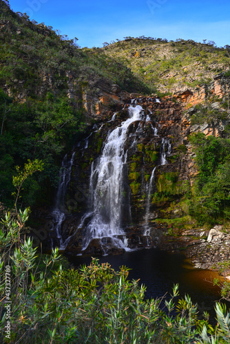 Scenic Cachoeira da Serra Morena waterfall on the rocky landscape of Serra do Cip   range  Minas Gerais  Brazil 