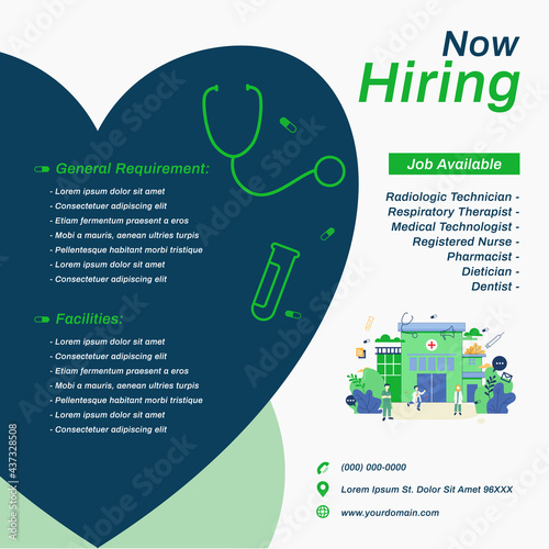 Medical job vacancy social media post template. Landing page concept on square layout design with character