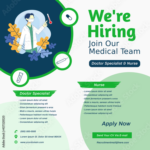 Medical job vacancy social media post template. Landing page concept on square layout design with character