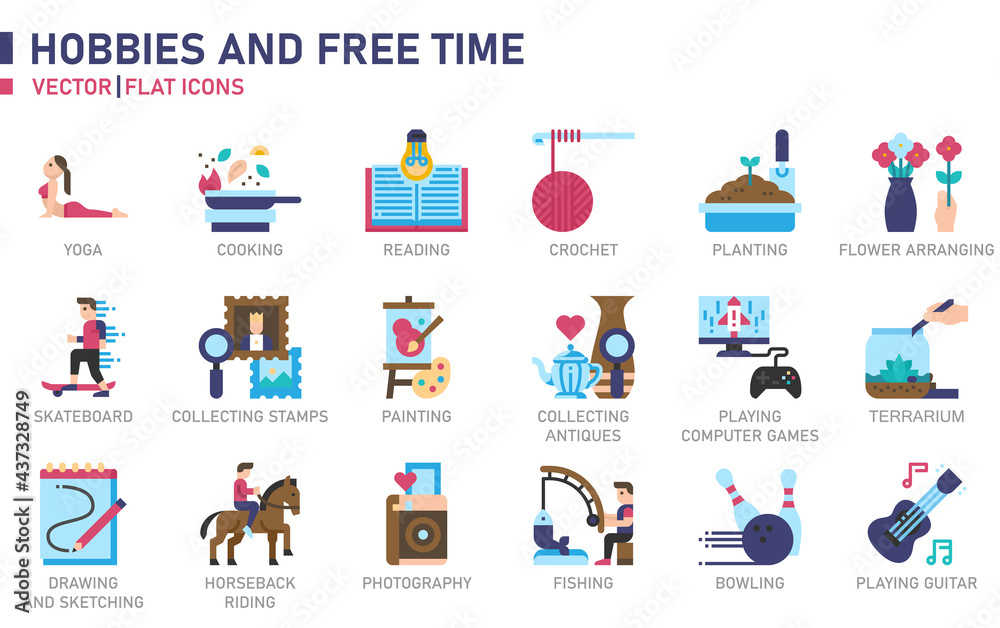 Hobbies and Free Time icon set for website, application, printing, document, poster design, etc.