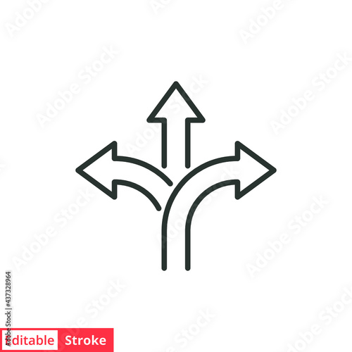 3 arrow way line icon. Simple outline style. Choice, option, pathway, opportunity, logo, split, road, choose, three concept. Vector illustration isolated on white background. Editable stroke EPS 10.