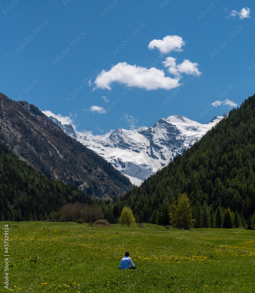 Lonely man sitting in the middle of a green mountain meadow, full of yellow flowers, admiring the beauty of a snowy mountain range overhung by blue sky