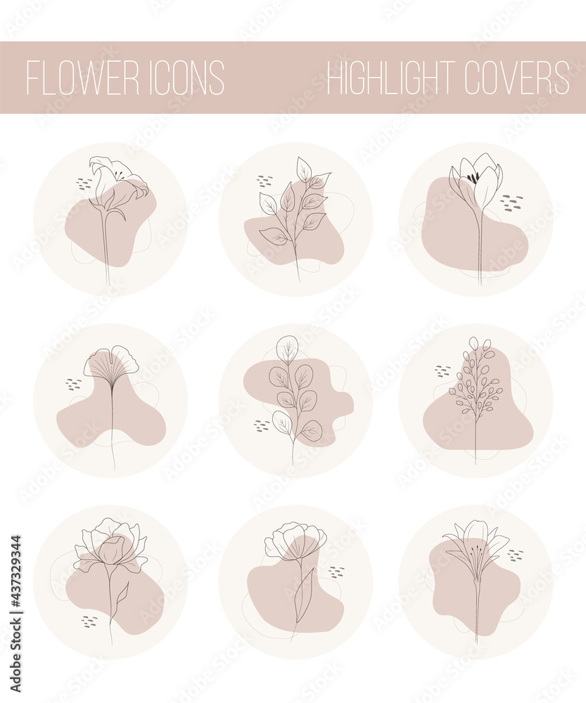 Set of contemporary hand drawn flowers. Highlights Stories Covers for popular social media. Perfect for bloggers. Doodle botanical icons. Modern vector illustration.