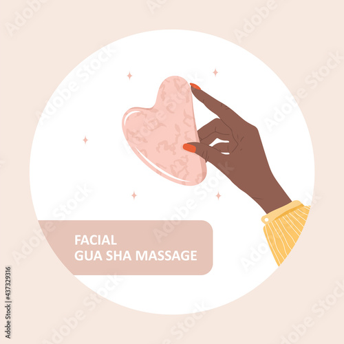 Gua sha scraper for facial massage. African female hand holding natural pink quartz stone. Trendy beauty treatment. Skin care equipment for SPA. Vector illustration in flat cartoon style.