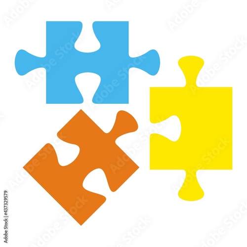 Puzzle, part of three different elements, yellow, red and blue colors, vector icon