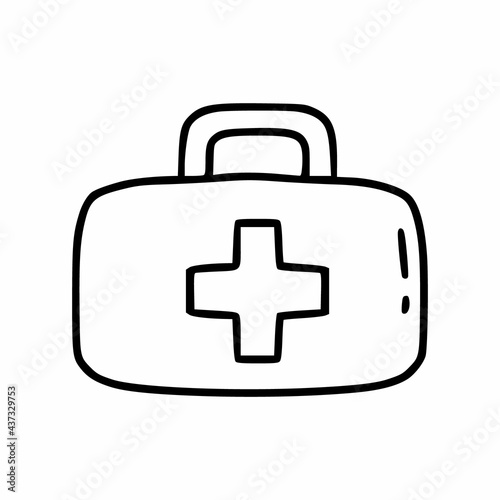 First aid kit with medicines. Vector line icon.
