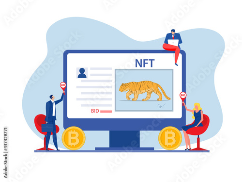 Auction business Selling animal painting Concept of selling non-fungible token at auction NFT Technology vector.