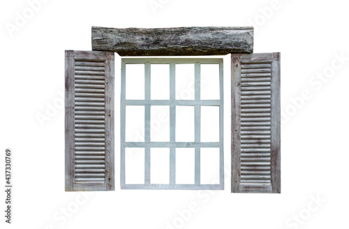 Isolated wooden window frame on white background, twelve panes, old and vintage style wooden window, old by weather condition. photo