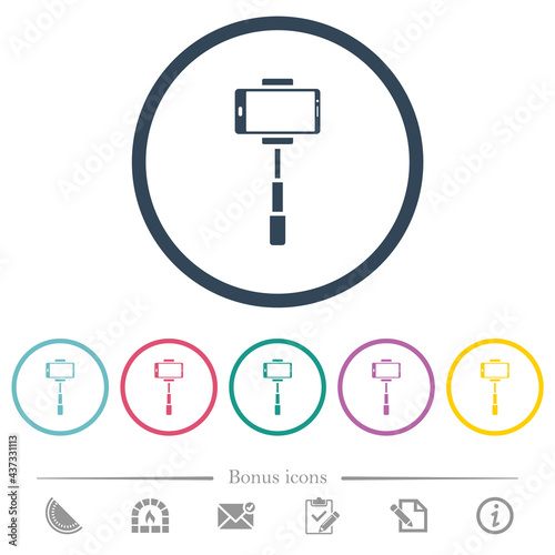 Smartphone on selfie stick front view flat color icons in round outlines