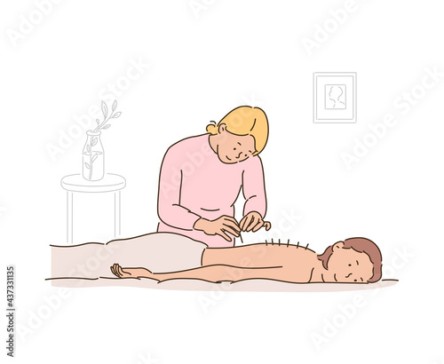 A patient is receiving acupuncture treatment at an oriental clinic. hand drawn style vector design illustrations. 