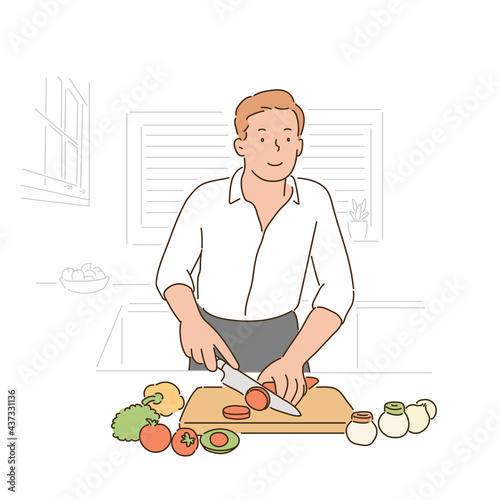 A man is wearing an apron and is cooking in the kitchen. hand drawn style vector design illustrations. 