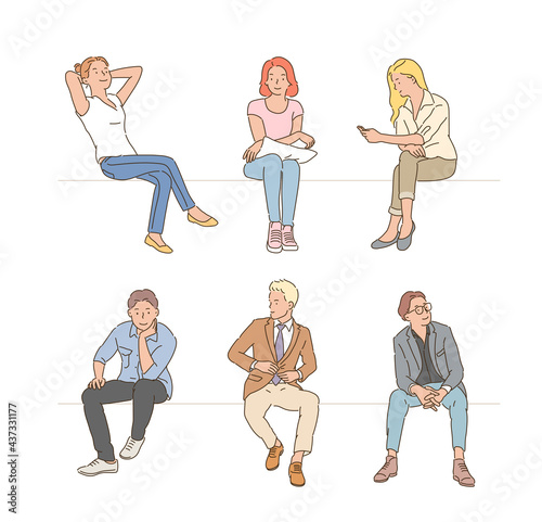 Diverse people sitting in chairs. hand drawn style vector design illustrations. 