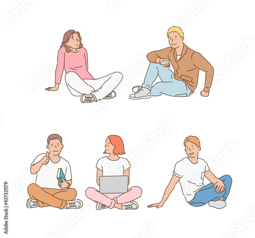 Young students are sitting comfortably on the floor. hand drawn style vector design illustrations. 