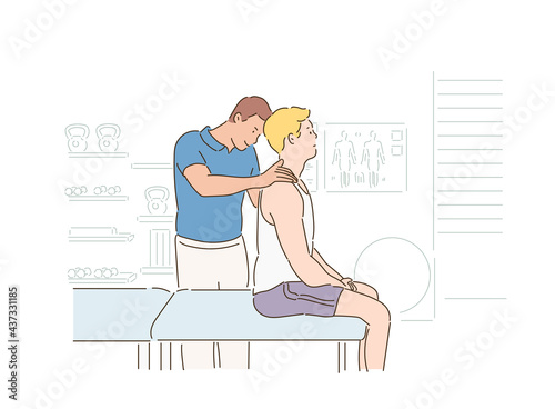A man is being treated by a physical therapist. hand drawn style vector design illustrations. 