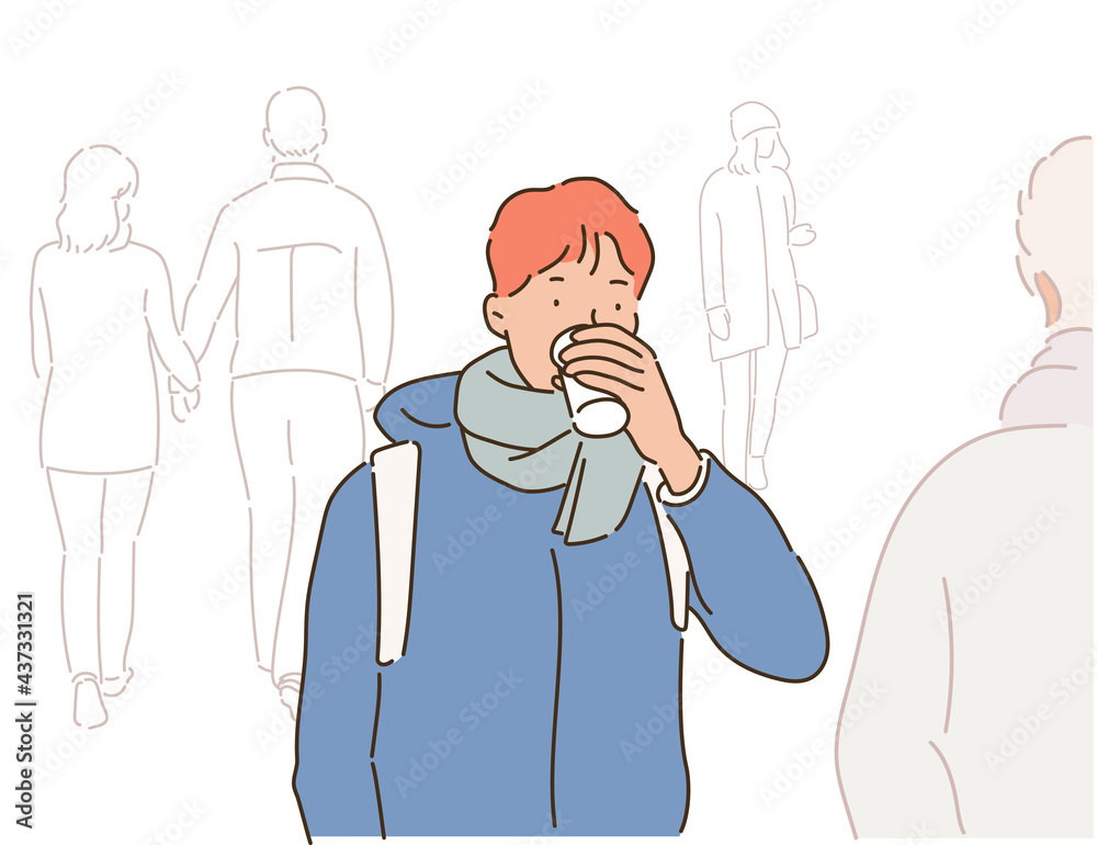 A man in winter clothes is drinking coffee and walking down the street. hand drawn style vector design illustrations. 