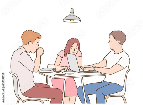 Three people are sitting around a table and having a meeting. hand drawn style vector design illustrations. 