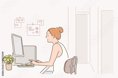 A woman is sitting at her desk and working on a computer. hand drawn style vector design illustrations. 